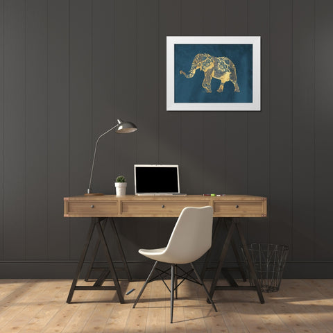 Navy Gold Elephant White Modern Wood Framed Art Print by OnRei