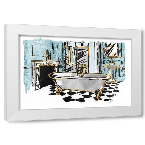 Blue Gold Sketch Bath White Modern Wood Framed Art Print by OnRei