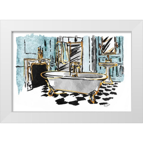 Blue Gold Sketch Bath White Modern Wood Framed Art Print by OnRei