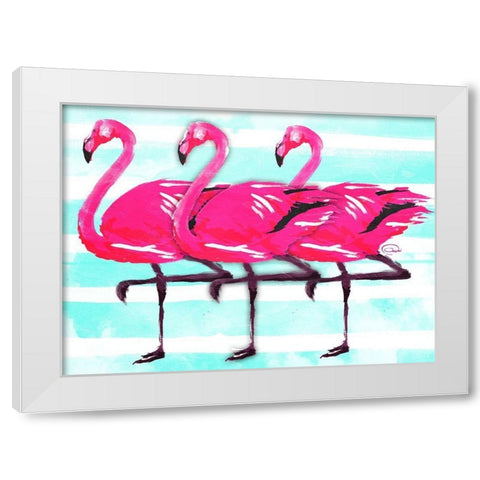 Three Flamingo White Modern Wood Framed Art Print by OnRei