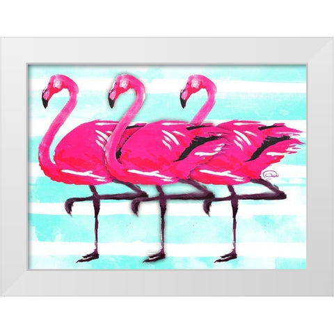 Three Flamingo White Modern Wood Framed Art Print by OnRei