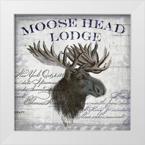 Moose Head Lodge White Modern Wood Framed Art Print by Lula Bijoux and Company