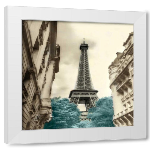 Teal Eiffel Tower 1 White Modern Wood Framed Art Print by Poinski, Dianne