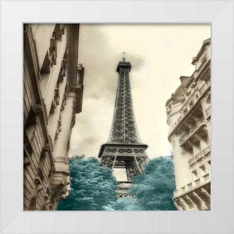 Teal Eiffel Tower 1 White Modern Wood Framed Art Print by Poinski, Dianne