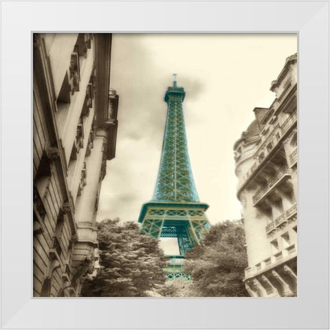 Teal Eiffel Tower 2 White Modern Wood Framed Art Print by Poinski, Dianne