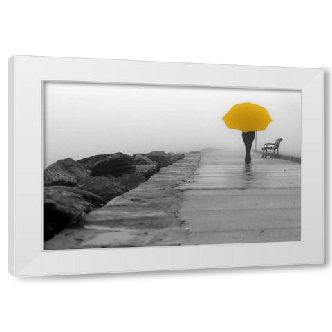 Walking In The Rain White Modern Wood Framed Art Print by De Carvalho, Sandro