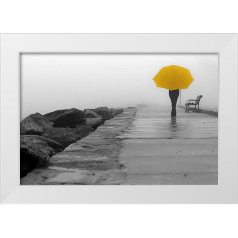 Walking In The Rain White Modern Wood Framed Art Print by De Carvalho, Sandro