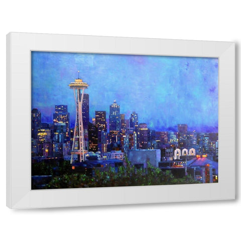 Seattle at Night White Modern Wood Framed Art Print by Ghanooni, Sarah