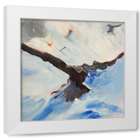 Crow In Flight White Modern Wood Framed Art Print by Lewis, Sharalee