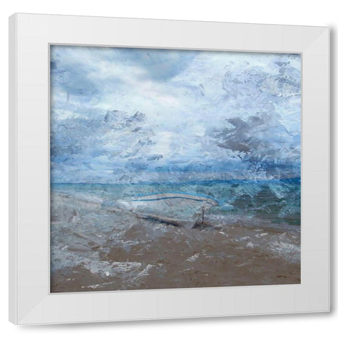 Row Boat At The Coast White Modern Wood Framed Art Print by Lewis, Sheldon