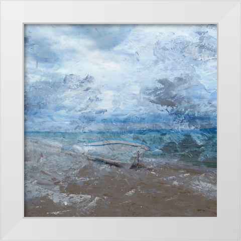 Row Boat At The Coast White Modern Wood Framed Art Print by Lewis, Sheldon