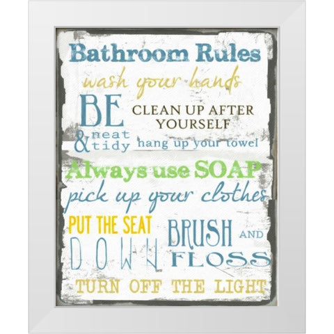 BATHROOM RULES MULTI White Modern Wood Framed Art Print by Greene, Taylor