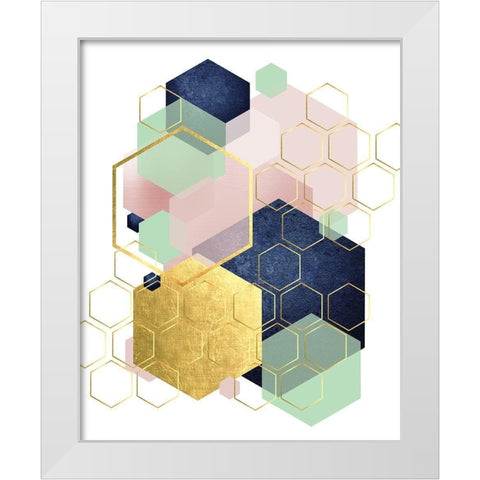 Gold Blush Navy Mint Hexagonal White Modern Wood Framed Art Print by Urban Epiphany