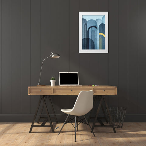 Mid Century Arches Navy Blue White Modern Wood Framed Art Print by Urban Epiphany