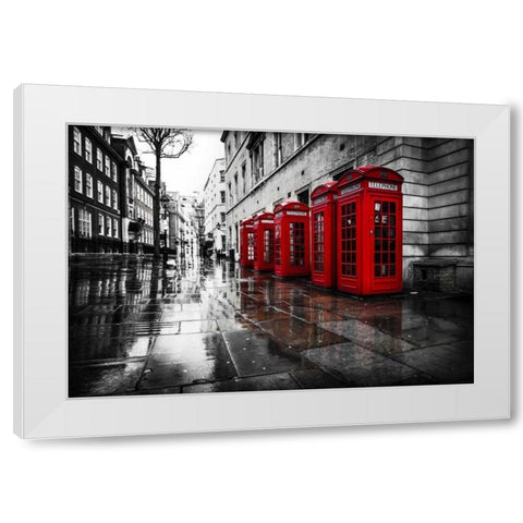 London Phone Booths White Modern Wood Framed Art Print by Brown,Victoria
