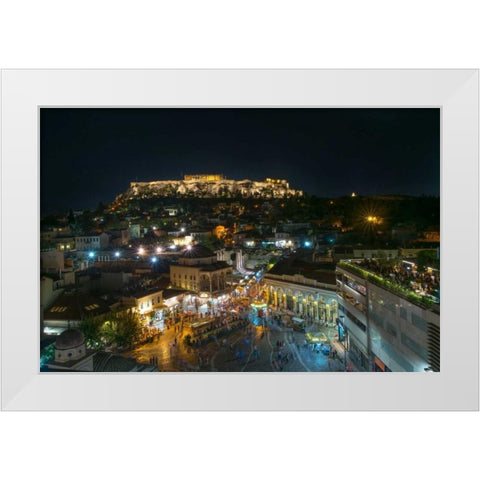 Greece Athens Acropolis Night 2 White Modern Wood Framed Art Print by Kostka, Vladimir