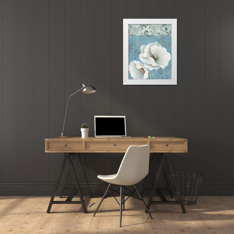 Poppies on Blue II White Modern Wood Framed Art Print by Tava Studios
