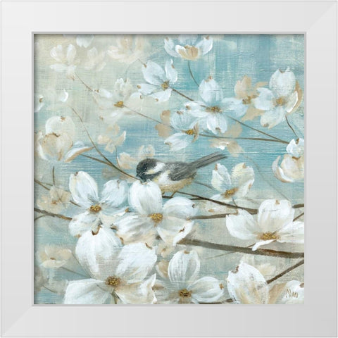 Chickadees and Dogwood White Modern Wood Framed Art Print by Nan