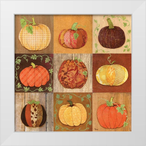 9 Patch Pumpkins White Modern Wood Framed Art Print by Tava, Janet