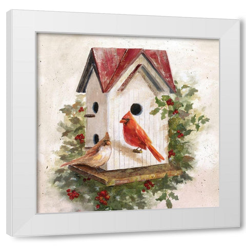 Holly Berry Birdhouse White Modern Wood Framed Art Print by Nan