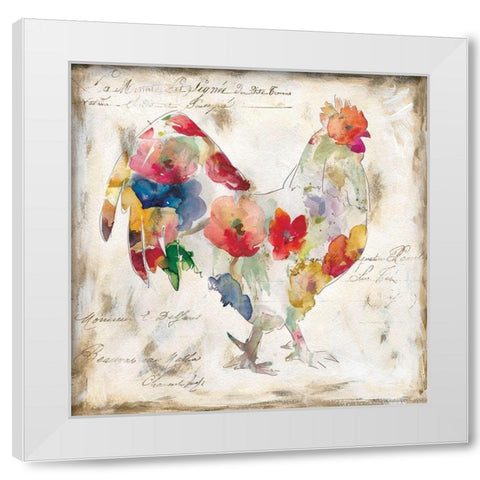 Flowered Rooster White Modern Wood Framed Art Print by Robinson, Carol