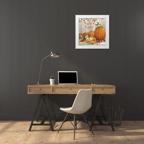 Pumpkin Patch Give Thanks White Modern Wood Framed Art Print by Swatland, Sally