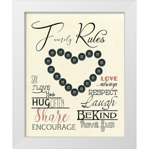 Family Rules Buttons White Modern Wood Framed Art Print by Santiago, Daniela