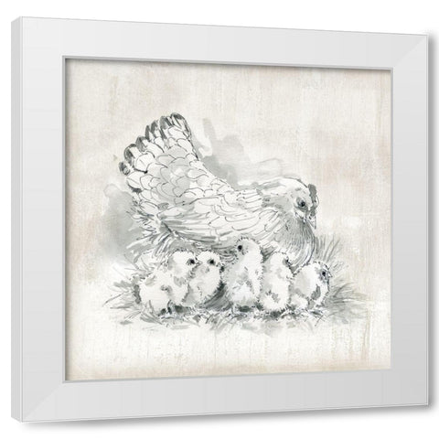Hen and Chicks White Modern Wood Framed Art Print by Robinson, Carol
