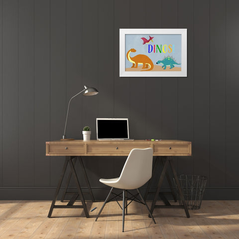 Dinos! White Modern Wood Framed Art Print by Santiago, Daniela