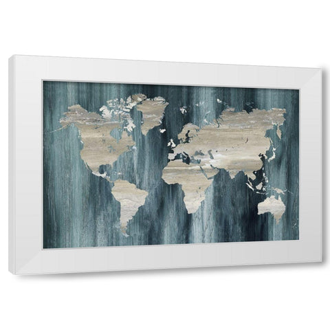 Navy World Map White Modern Wood Framed Art Print by Nan