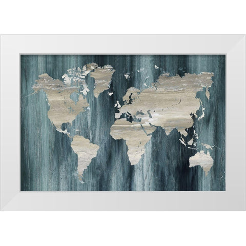 Navy World Map White Modern Wood Framed Art Print by Nan