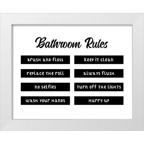 Bathroom Rules White Modern Wood Framed Art Print by CAD Designs