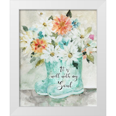 Daisy Wellies Bouquet White Modern Wood Framed Art Print by Robinson, Carol