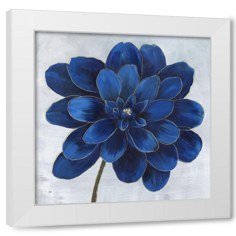 Indigo Dahlia White Modern Wood Framed Art Print by Nan