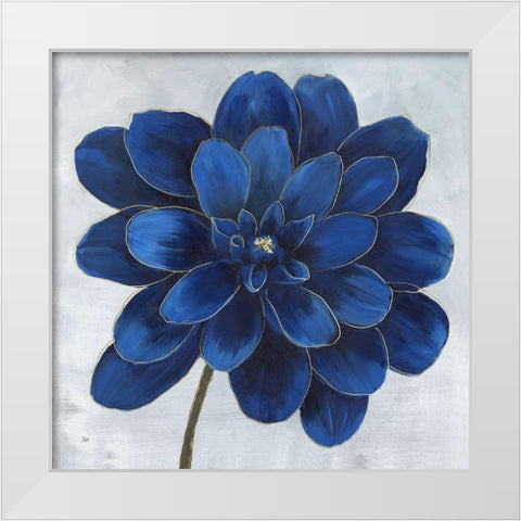 Indigo Dahlia White Modern Wood Framed Art Print by Nan