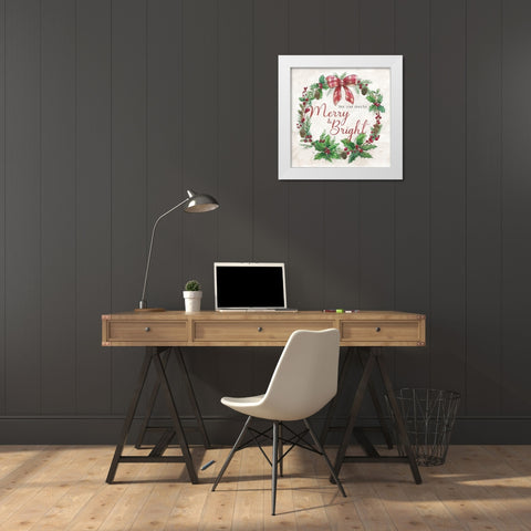 Merry And Bright Wreath White Modern Wood Framed Art Print by Nan