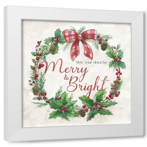 Merry And Bright Wreath White Modern Wood Framed Art Print by Nan