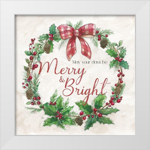 Merry And Bright Wreath White Modern Wood Framed Art Print by Nan