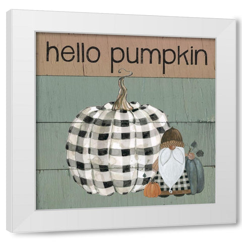 Harvest Gnomes Hello Pumpkin White Modern Wood Framed Art Print by Finn, Livi