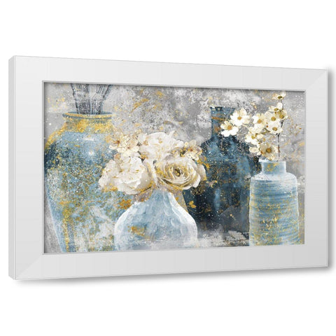 Vessels and Blooms Blues White Modern Wood Framed Art Print by Nan