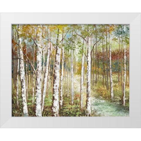 Warm Spice Birch Path White Modern Wood Framed Art Print by Nan