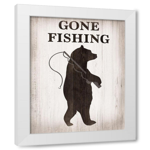 Bear Gone Fishing White Modern Wood Framed Art Print by CAD Designs