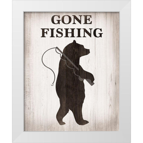 Bear Gone Fishing White Modern Wood Framed Art Print by CAD Designs