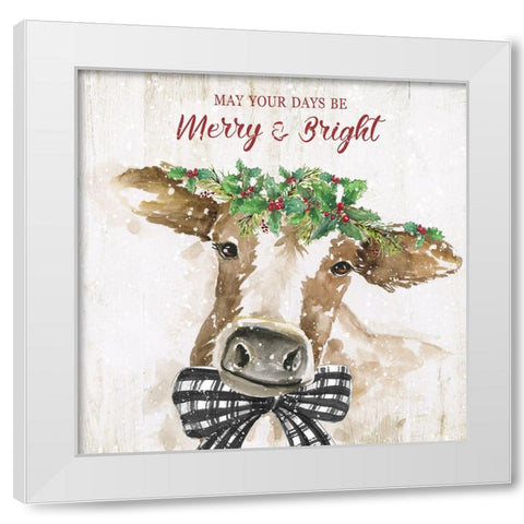 Merry and Bright Cow White Modern Wood Framed Art Print by Nan
