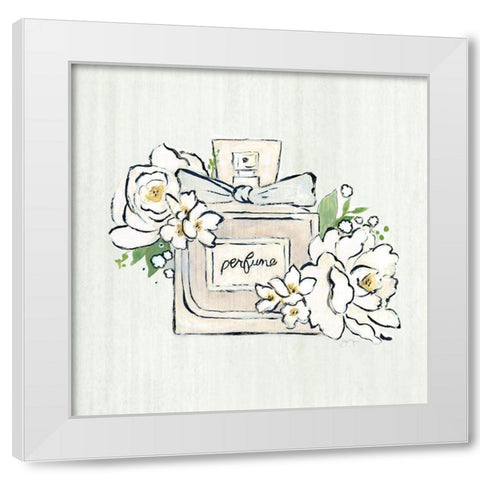 Fashion Floral Perfume White Modern Wood Framed Art Print by Tava Studios