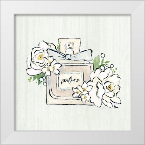 Fashion Floral Perfume White Modern Wood Framed Art Print by Tava Studios