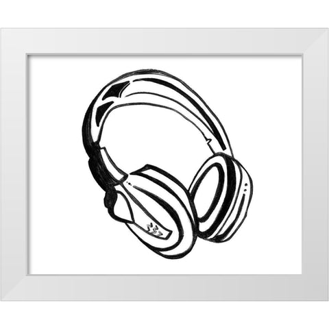 Headphones Sketch White Modern Wood Framed Art Print by Tava, Alexandria