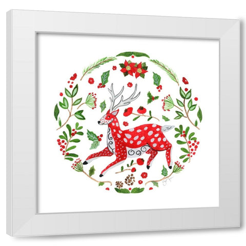 Christmas Folk Deer White Modern Wood Framed Art Print by Tava Studios