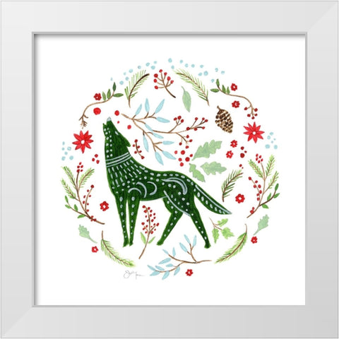 Christmas Folk Wolf White Modern Wood Framed Art Print by Tava Studios