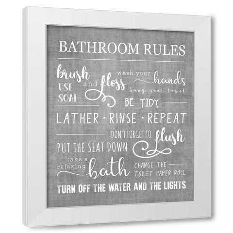 Neutral Bathroom Rules White Modern Wood Framed Art Print by CAD Designs
